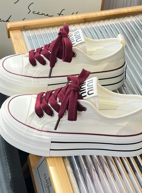 小众白红色厚底增高帆布鞋女2025新款薄款透气松糕底百搭小白板鞋