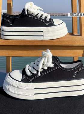 黑色厚底增高帆布鞋女2025新款春季薄款透气小白鞋子学生松糕板鞋