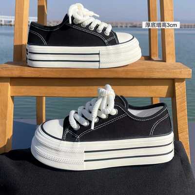 松糕底薄款透气黑色帆布鞋百搭