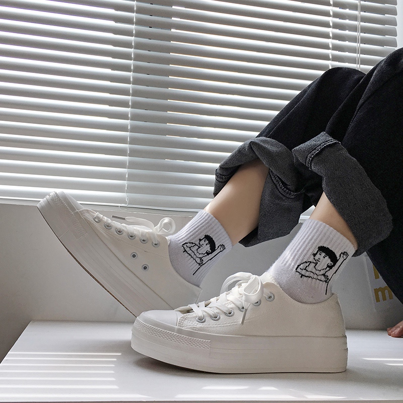 厚底春秋季百搭松糕小白帆布鞋