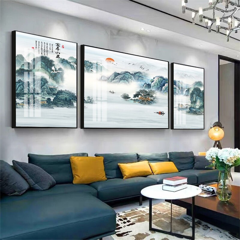 客厅装饰画中式山水画沙发背景墙画壁画挂画三联画字画风景国画