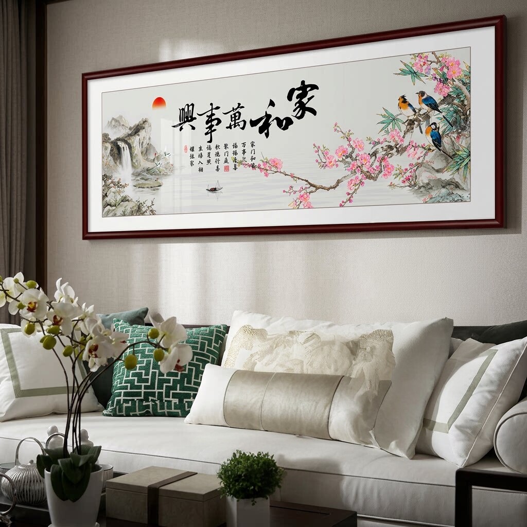 家和万事兴新中式沙发背景墙客厅挂画装饰画字画花鸟国画中堂壁画