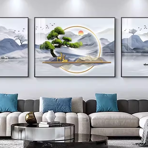 轻奢客厅装饰画沙发背景墙钻石三联画现代简约山水挂画新款晶瓷画