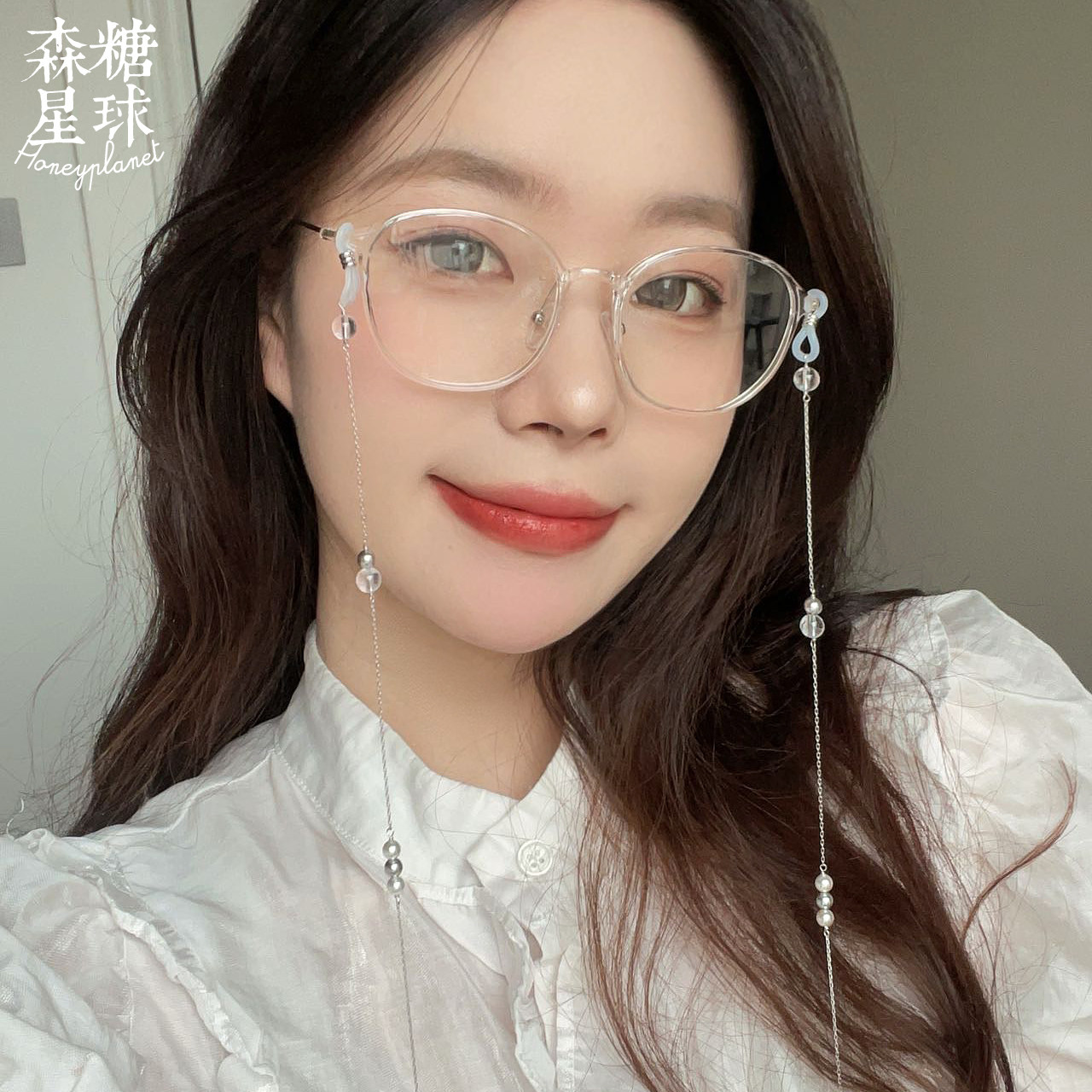 森糖原创*手工制天然白水晶施家珍珠925银镀金眼镜防掉挂链高保色