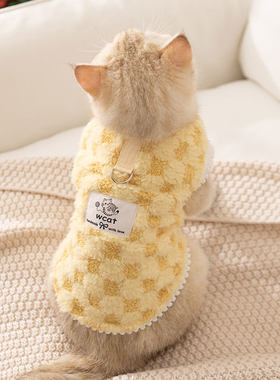 猫咪衣服秋冬加厚保暖抽条绒格纹背心小狗狗泰迪比熊两脚宠物服装