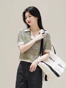 工厂原单处理纯原实拍小禾2023夏季新款超细棉镂空条纹针织POLO