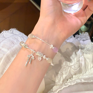 手链女轻奢小众高级感手串双层叠戴手绳手饰 彩色猫眼石蝴蝶结长款