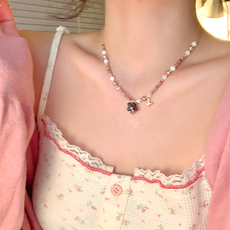 春日来信天然石彩色串珠花朵项链