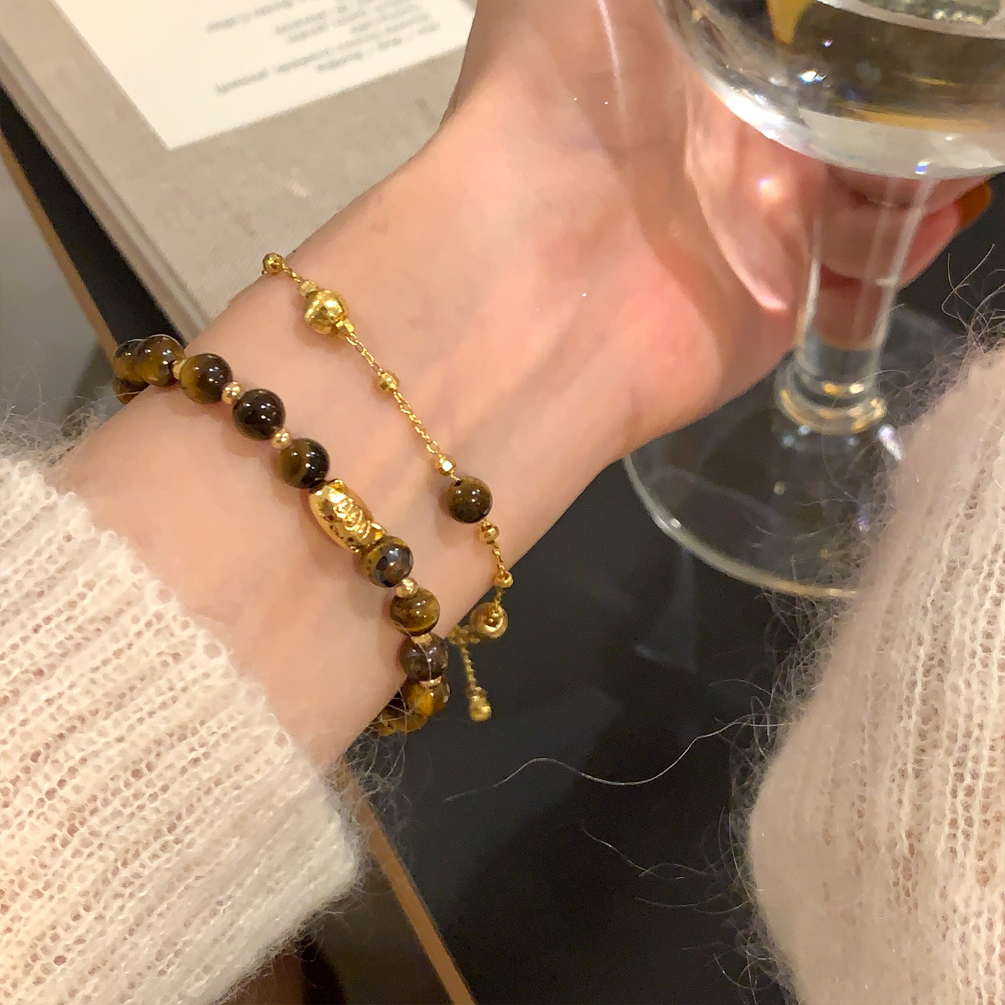 招财猫~虎眼小金猫串珠叠戴手链
