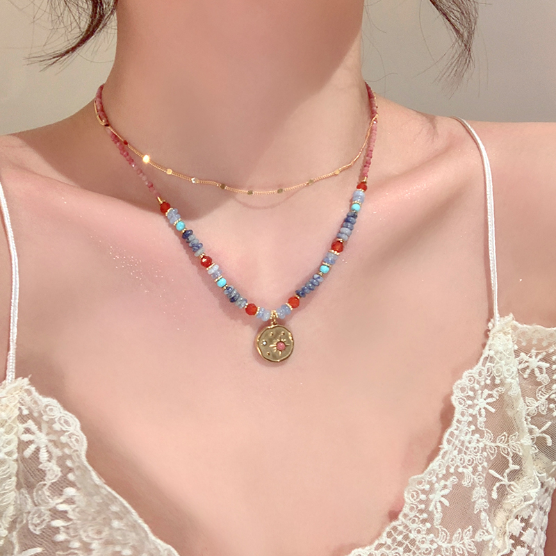 南法花园~明兰复古串珠钛钢项链