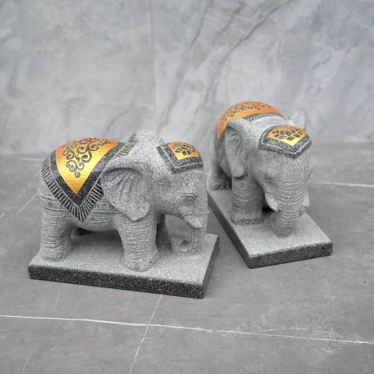 灰色花岗岩手工雕刻吉象摆件一对吉祥如意家居装饰品惠安石雕大象