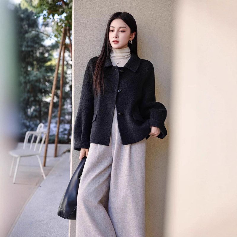 小个子大衣女双面羊绒红色冬季新款高端时尚气质短款羊毛毛呢外套