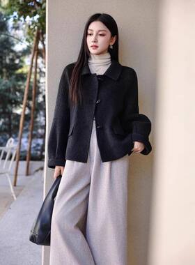 小个子大衣女双面羊绒红色冬季新款高端时尚气质短款羊毛毛呢外套