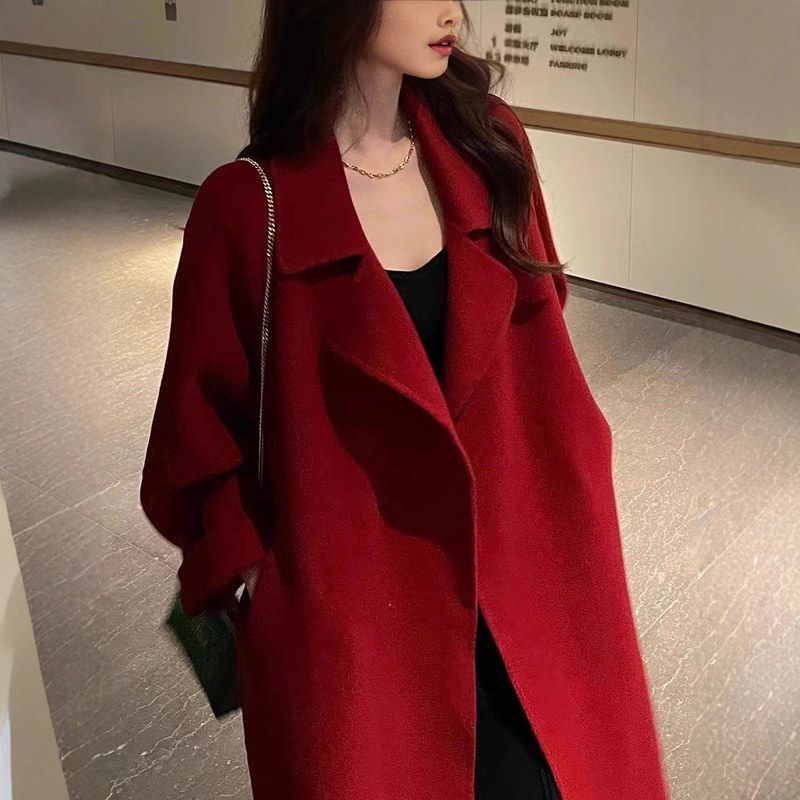秋冬新款羊毛大衣女双面羊绒大衣腰带宽松西装领加长款毛呢外套女