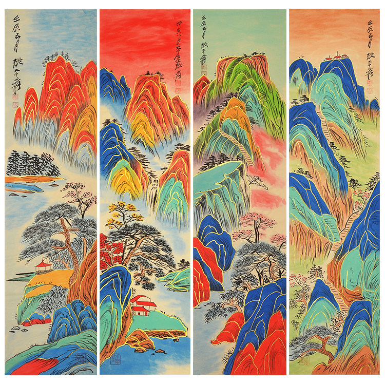名家张大千纯手绘临摹山水装饰画国画水墨画玄客厅画房间画条屏