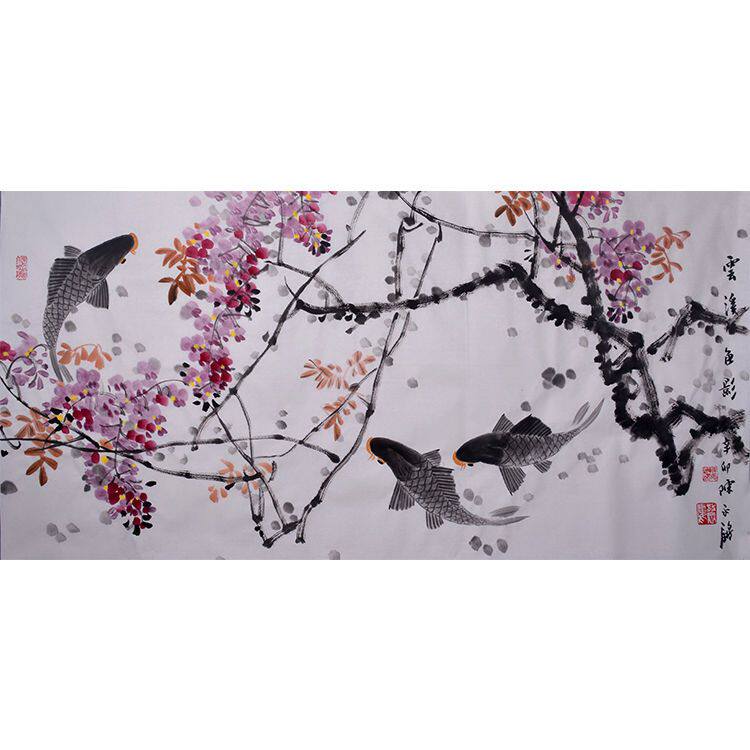 中国美术家协会理事陈永锵四尺花鸟画紫藤鱼纯手绘仿名家精品字画