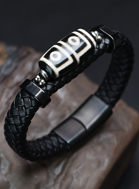 藏式九眼天珠皮质手环皮质编织平安手镯情侣民族风配饰转运珠手串