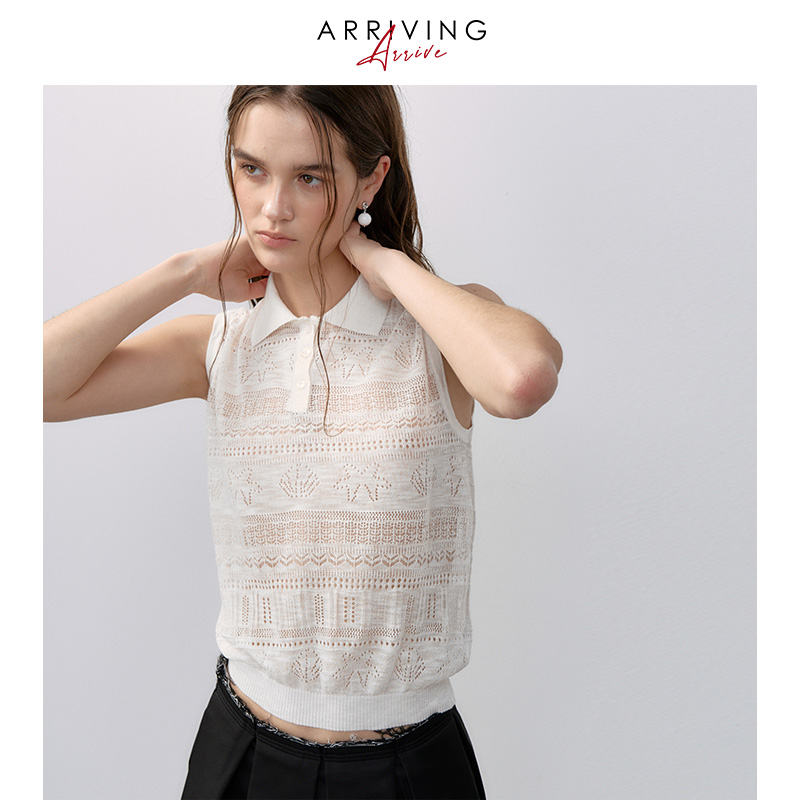 ArrivingArrive 法式云朵白翻领木耳边镂空修身针织无袖背心女