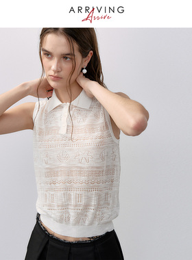ArrivingArrive 法式云朵白翻领木耳边镂空修身针织无袖背心女