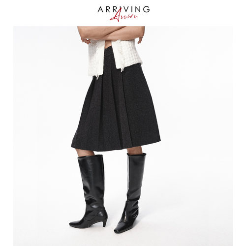 Arriving Arrive 复古优雅100%美丽诺羊毛针织修身半身百褶短裙女