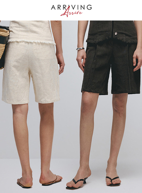 Arriving Arrive  春夏麻感立体褶短西裤夏季清凉休闲五分裤