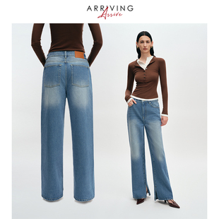 ArrivingArrive 复古蓝色纯棉水洗直筒裤修身显瘦微喇牛仔裤女