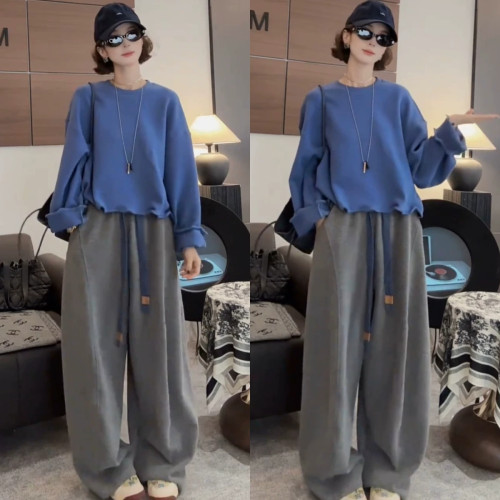 秋冬洋气漂亮立领休闲显瘦卫衣上衣撞色抽绳弯刀阔腿裤两件套装女