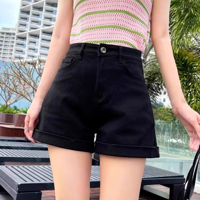 夏天小个子卷边黑色牛仔短裤女薄款高腰显瘦阔腿辣妹a字超短热裤