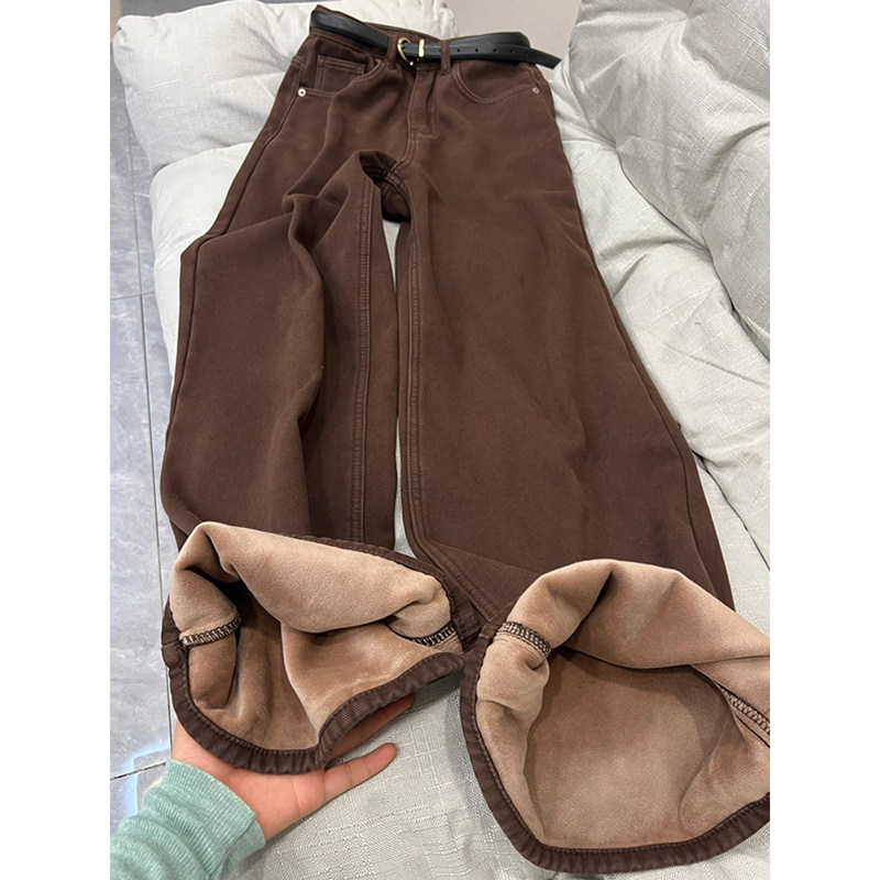 美拉德棕色加绒阔腿牛仔裤女辣妹高腰宽松显瘦保暖直筒拖地裤子冬,女装/女士精品,牛仔裤,淘宝优惠券,粉丝福利购,淘宝优惠卷