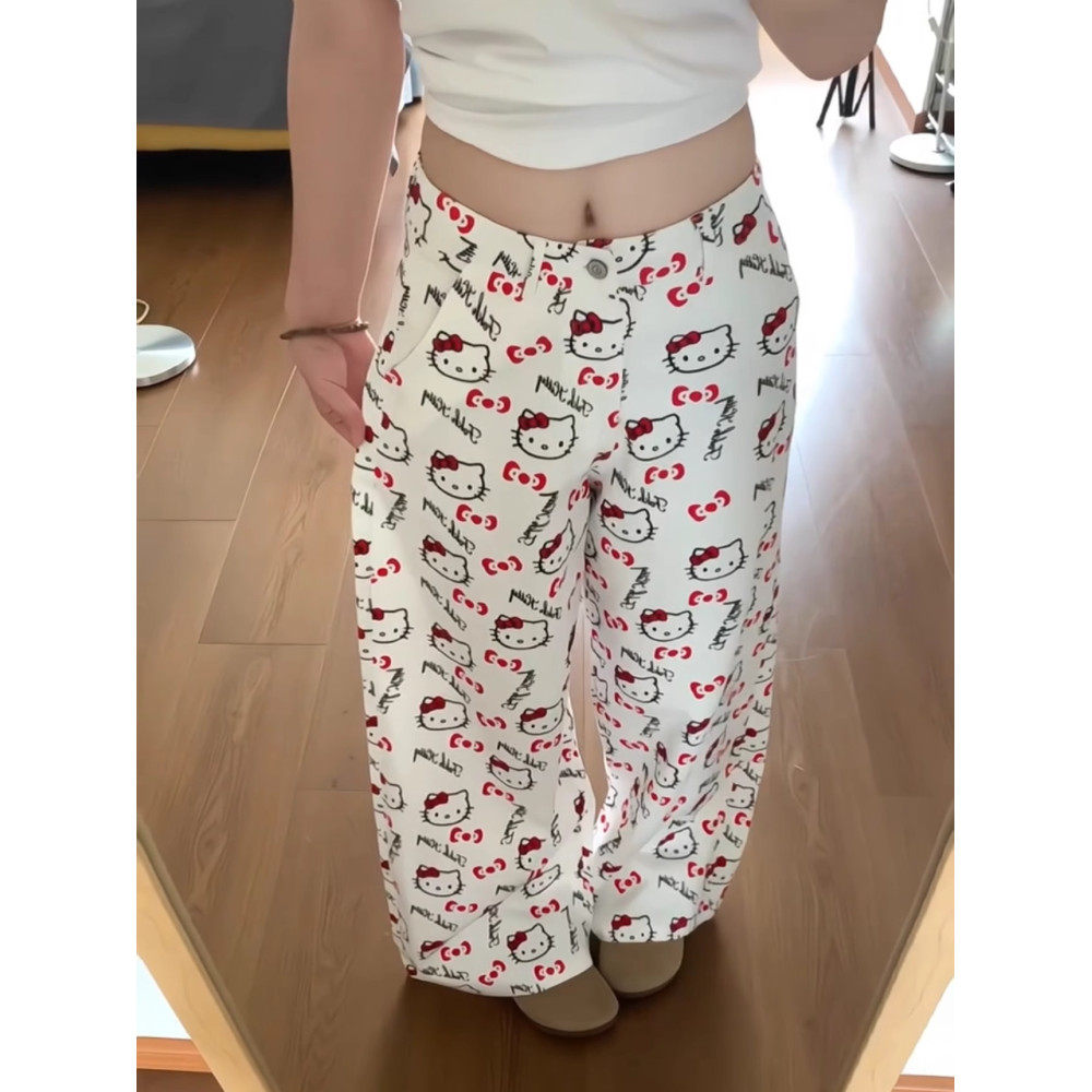 卡通可爱白色kitty猫咪印花阔腿牛仔裤女设计感宽松高腰直筒裤子