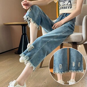 夏季薄款破洞牛仔裤女复古高腰毛边宽松小个子九分流苏直筒阔腿裤