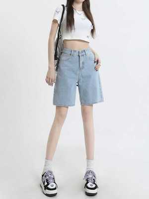 浅色夏直筒牛仔短裤女遮肉五分