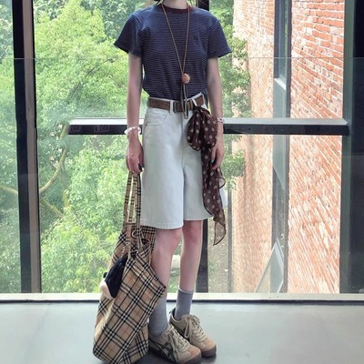 港味白色五分牛仔短裤女高腰薄款夏天外穿显瘦直筒宽松学生中裤子