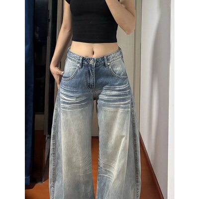 大码美式复古低腰弯刀阔腿牛仔裤女薄款显瘦宽松垂感直筒拖地裤春