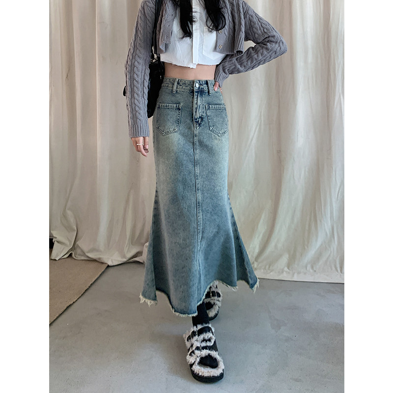 遮夸复古高腰牛仔半身裙女春季新款小个子中长款毛边鱼尾包臂裙子