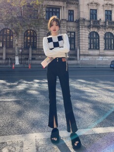 夏季新款小个子黑色高腰开叉牛仔裤女修身显瘦拖地分叉微喇叭裤子