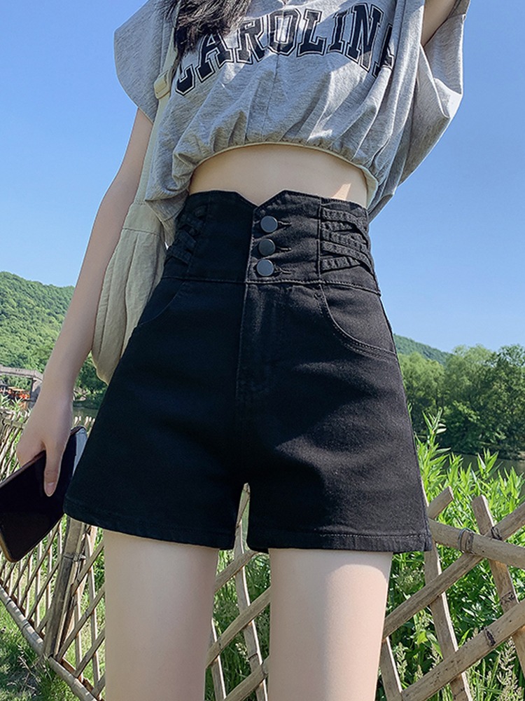 黑色牛仔短裤女夏季超高腰弹力遮肚a字阔腿薄款收腰网红辣妹热裤