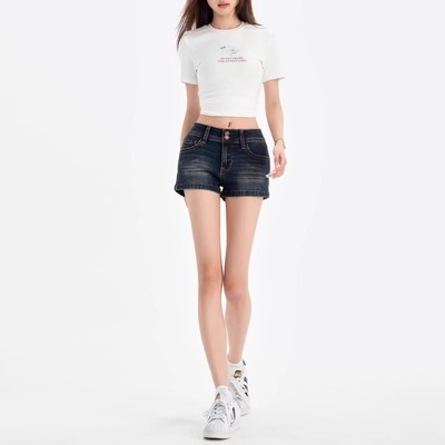 夏天美式不露屁股外穿牛仔短裤女低腰弹力包臀辣妹大码胖mm热裤子