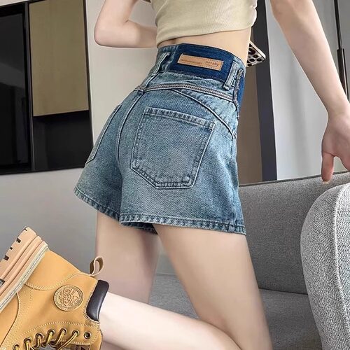两粒扣撞色高腰牛仔短裤女高腰大码胖mm设计感a字宽松阔腿热裤夏