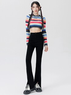 初秋新款黑色分叉微喇牛仔裤女小个子高腰紧身显瘦弹力拖地喇叭裤