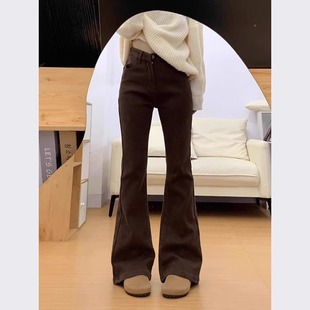 咖啡色加绒加厚高腰微喇牛仔裤女修身显瘦拖地垂感马蹄保暖长裤冬