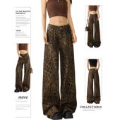 春 女梨形身材垂感宽松显瘦直筒拖地裤 美式 复古豹纹高腰阔腿牛仔裤