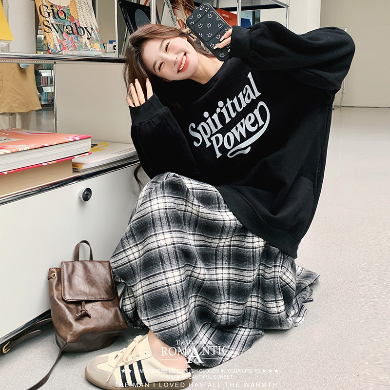 韩系学院风套装女2025秋季新款假两件拼接卫衣连衣裙格子长裙,女装连衣裙,浙宝293