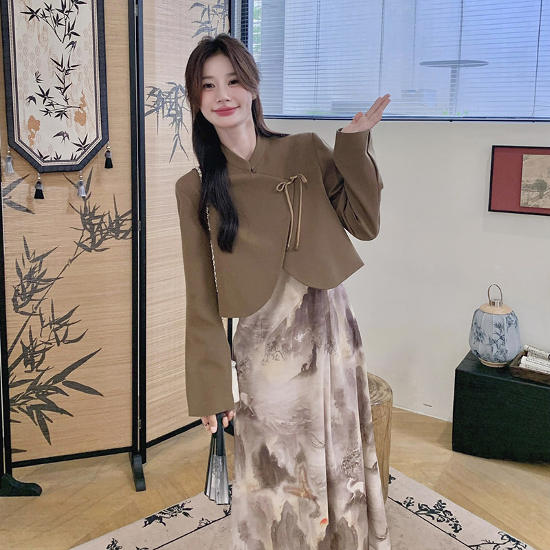 【新款】新中式水墨晕染连衣裙西装套装293-1090-165控228,女装连衣裙,浙宝293