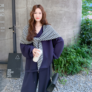 盐甜系穿搭藏青色披肩卫衣套装裙女秋季2025新款休闲阔腿裤两件套