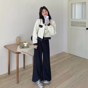 【新款】现货 小香风拼接牛仔外套+裤套装293-287-P195控318图片
