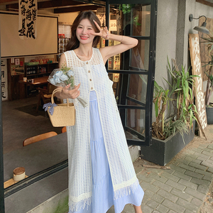 法式甜美条纹吊带连衣裙套装女2025夏季新款显瘦针织罩衫裙两件套图片