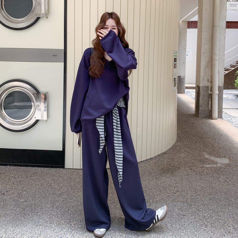 盐甜系穿搭藏青色披肩卫衣套装裙女秋季2025新款休闲阔腿裤两件套,女装套装/套裙,浙宝293