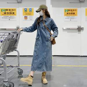 牛仔长袖连衣裙女2025春秋新款港风复古减龄休闲百搭后开叉衬衫裙图片