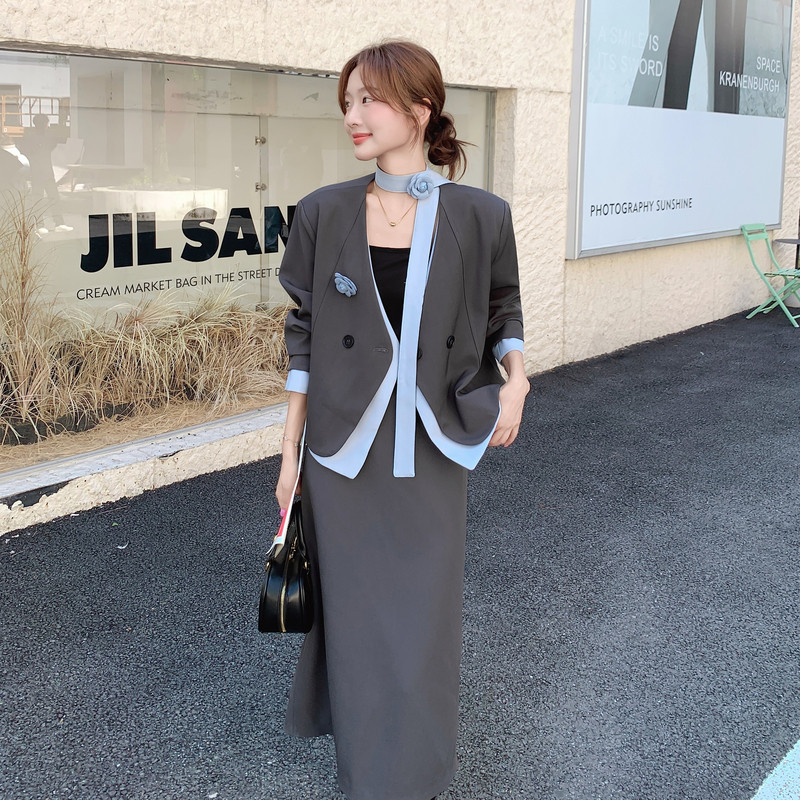 通勤穿搭灰色西服上衣套装女春秋2025超火好看高级感半身裙两件套,女装套装/套裙,浙宝293